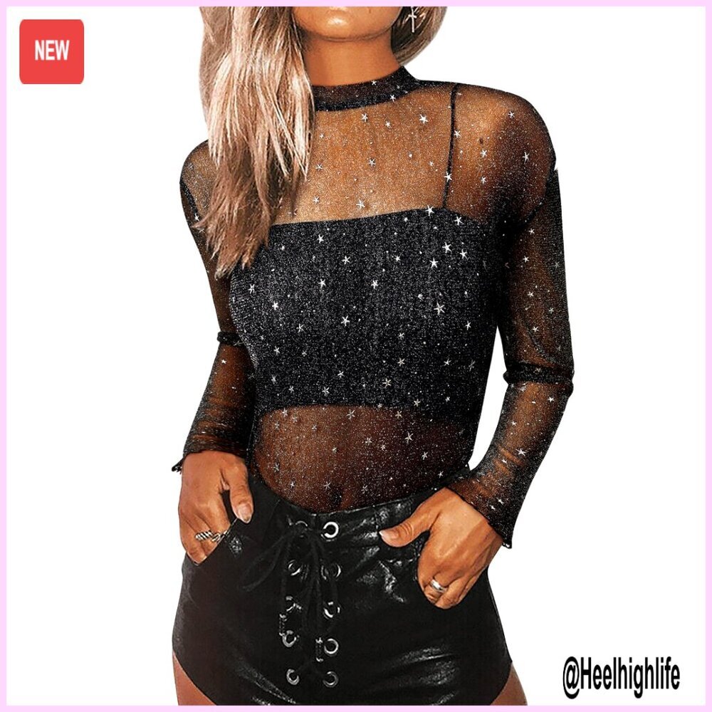 Sheer Mesh Sparkle Top Short Sleeve Glitter Star Concert Rave Outfit
